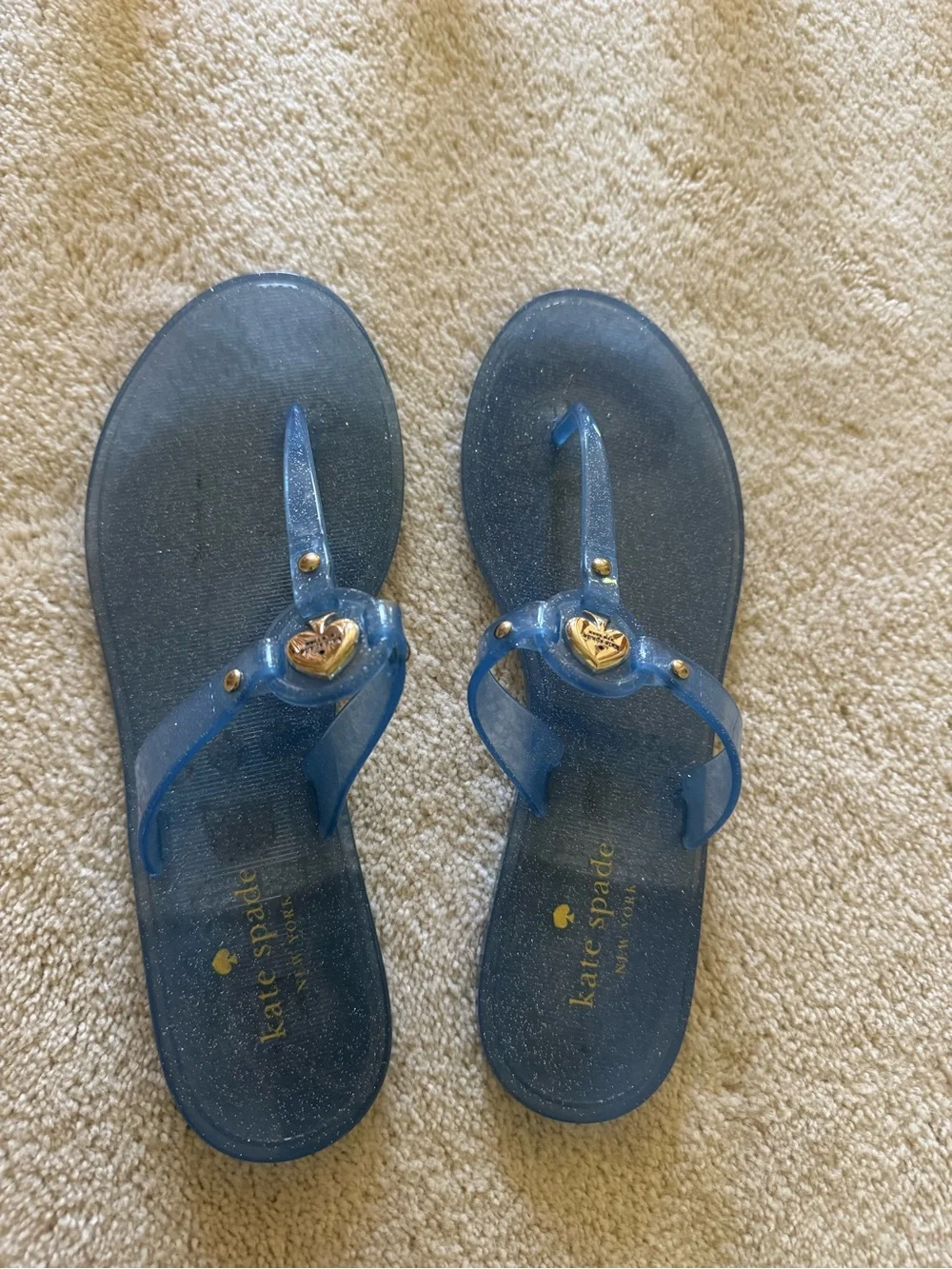 kate spade Navy Blue Glitter Jelly Flip Flops with Gold Heart